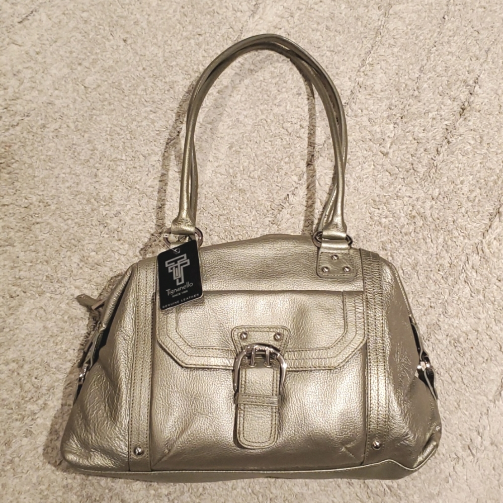 BEAUTIFUL Metallic SilverGunmetal Authentic Leather TIGNANELLO BAG NEW WITH TAG.